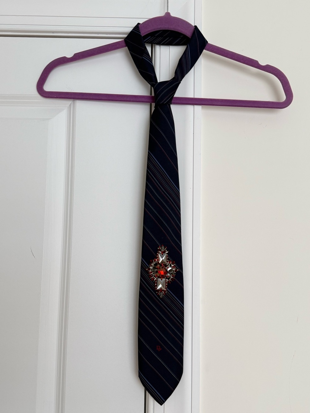 Dior Navy Blue Striped Silk Tie with Jewel Motif - Picture 8 of 8